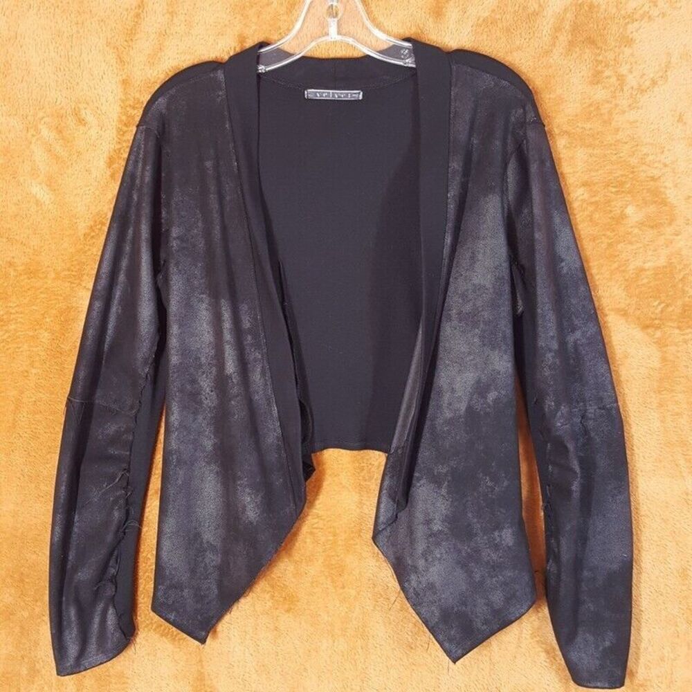 VELVET Womens Jacket Small Black Draped Open Asymmetric Textured Frayed Hem